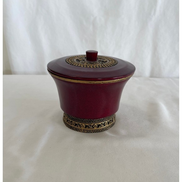 Other - Trinket Box Gold Filigree Ornate Decorative Jewelry Jar 4" Burgundy Lidded